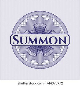 Blue money style emblem or rosette with text Summon inside