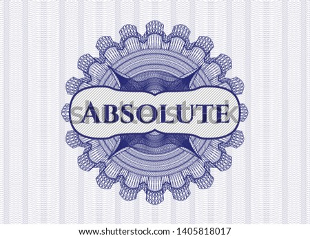 Blue money style emblem or rosette with text Absolute inside