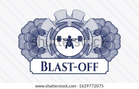 Blue money style emblem or rosette with deep squat icon and Blast-off text inside