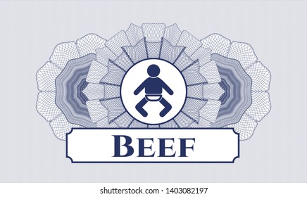 Blue money style rosette with baby icon and Beef text inside