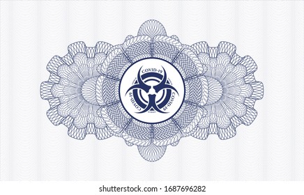 Blue money style rosette with biohazard covid-19 icon inside