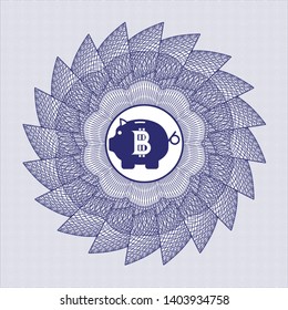 Blue money style rosette with bitcoin piggy bank icon inside