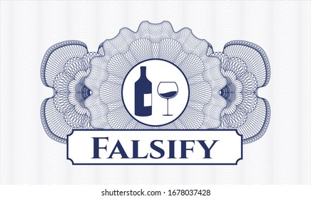 Blue money style rosette with bottle and glass of wine icon and Falsify text inside