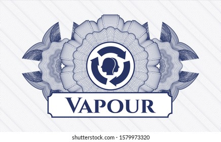 Blue money style rosette with brain storm icon and Vapour text inside