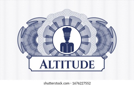 Rosette estilo dinero azul con icono del chef y texto de altitud dentro