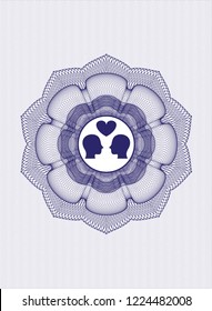 Blue money style rosette with couple in love icon inside