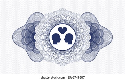 Blue money style rosette with couple in love icon inside