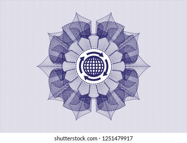 Blue money style rosette with globalization icon inside