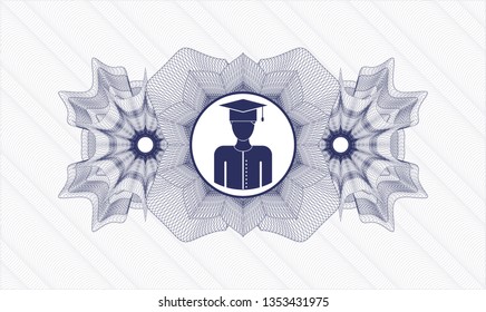 Blue money style rosette with graduated icon inside