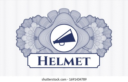 Blue money style rosette with megaphone icon and Helmet text inside
