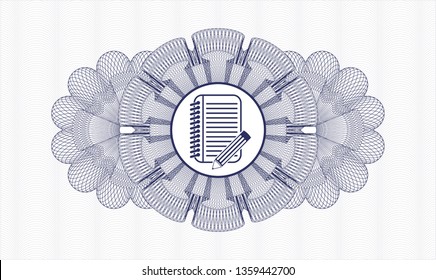 Blue money style rosette with notebook with pencil icon inside