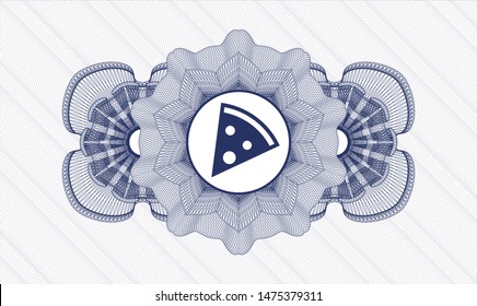 Blue money style rosette with pizza slice icon inside