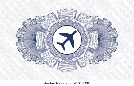 Blue money style rosette with plane icon inside