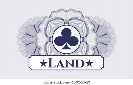Blue money style rosette with poker clover icon and Land text inside