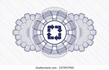 Blue money style rosette with recycle icon inside