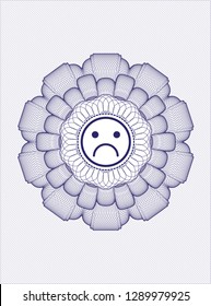 Blue money style rosette with sad face icon inside