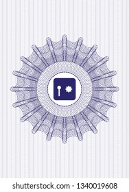 Blue money style rosette with safe, safety deposit box icon inside