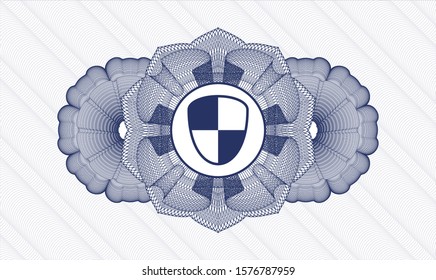 Blue money style rosette with shield, safety icon inside