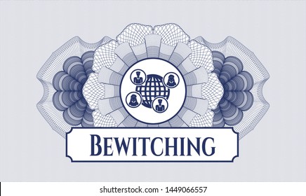 Blue money style rosette with social network icon and Bewitching text inside