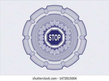 Blue money style rosette with stop icon inside