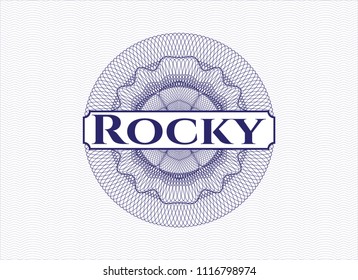 Blue money style rosette with text Rocky inside