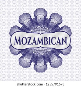 Blue money style rosette with text Mozambican inside