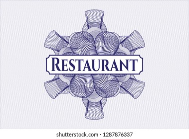 Blue money style rosette with text Restaurant inside