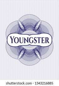 Blue money style rosette with text Youngster inside