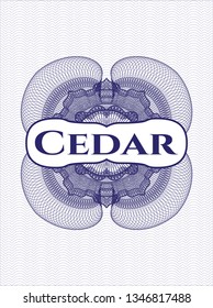 Blue money style rosette with text Cedar inside
