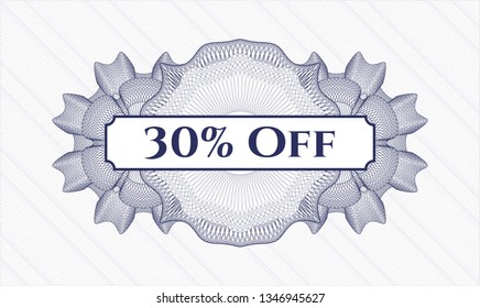 Blue money style rosette with text 30% Off inside