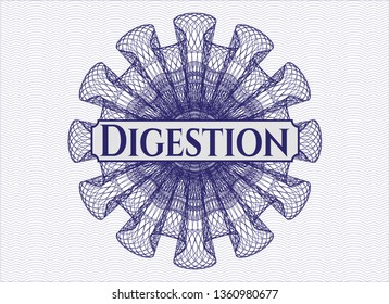 Blue money style rosette with text Digestion inside