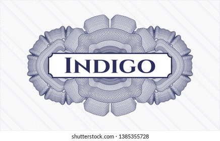 Blue money style rosette with text Indigo inside