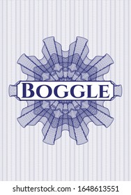 Blue money style rosette with text Boggle inside