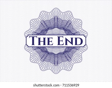 Blue money style rosette with text The End inside