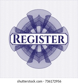 Blue money style rosette with text Register inside