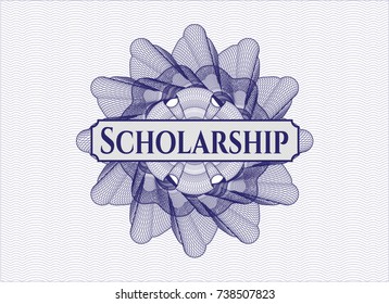 Blue money style rosette with text Scholarship inside