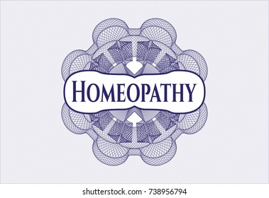 Blue money style rosette with text Homeopathy inside