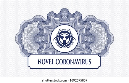 Rosette mit blauem Geld. Vektorillustration Illustration. Detaillierte Angaben mit dem Covid-19-Symbol und dem Text von Novel Coronavirus