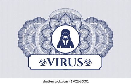 Blue money style rosette. Vector Illustration. Detailed with woman wearing face mask icon and Virus text inside