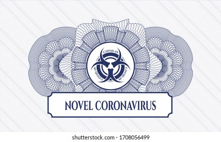 Blue money style rosette. Vector Illustration. Detailed with biohazard covid-19 icon and Novel Coronavirus text inside