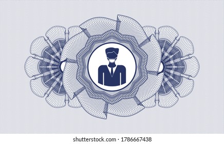 Blue money style rosette. Vector Illustration. Detailed with man wearing face mask icon inside