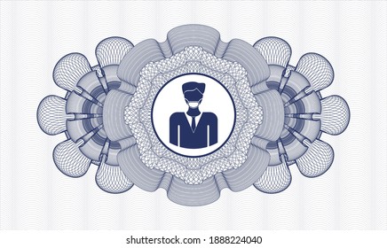 Rosette mit blauem Geld. Vektorgrafik. Detaillierte Angaben mit einem Mann mit einer Gesichtsmaske-Ikone im Inneren