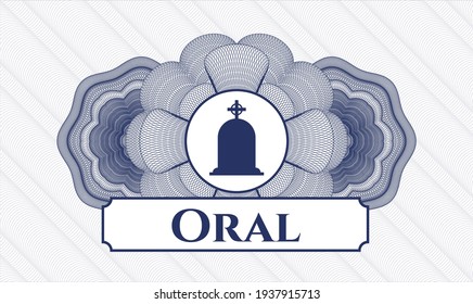 Blue money style rosette. Vector Illustration. Detailed with tombstone icon and Oral text inside