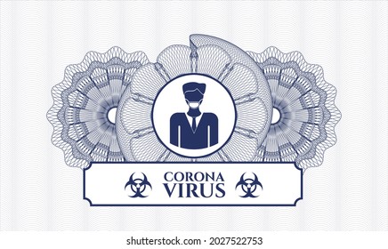 Blue money style rosette. Vector Illustration. Detailed with man wearing face mask icon and Coronavirus text inside