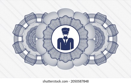 Blue money style rosette. Vector Illustration. Detailed with man wearing face mask icon inside