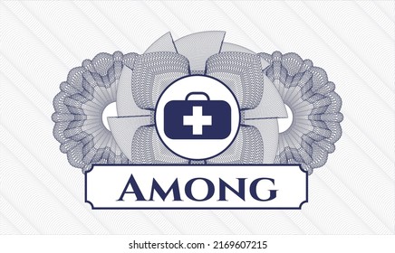 Rosette mit blauem Geld. Vektorgrafik. Detaillierte Angaben mit dem Symbol für medizinische Aktentasche und unter Text im Inneren