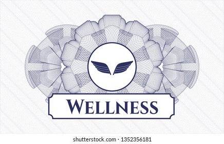 Blue money style rosette with wings icon and Wellness text inside