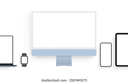 Blue Monitor and Dark-Blue Laptop, Tablet, Phone, Smart Watch, Isolated on White Background. Vector Illustration