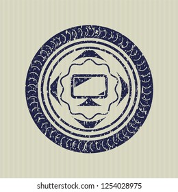Blue monitor icon inside distress rubber grunge texture seal