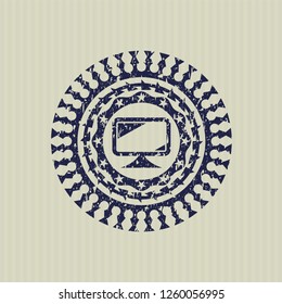 Blue monitor icon inside distressed rubber grunge texture seal